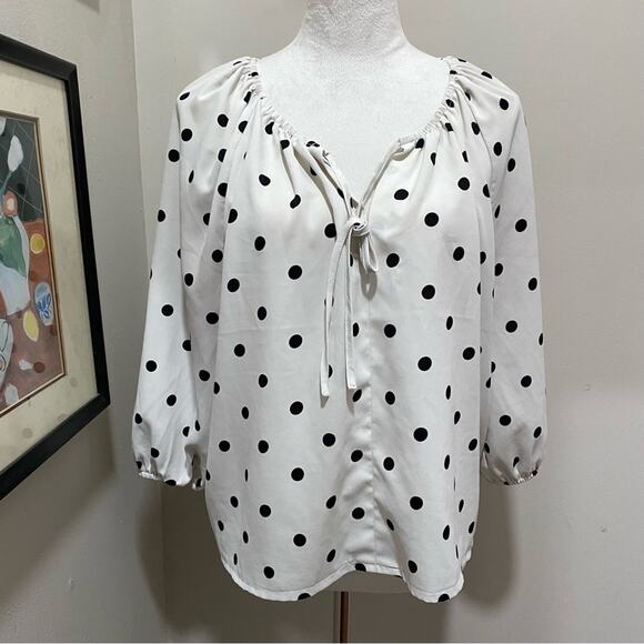 Versona Polka Dot Women's Top Size Large White and Black Drawstring Neckline - Picture 1 of 6